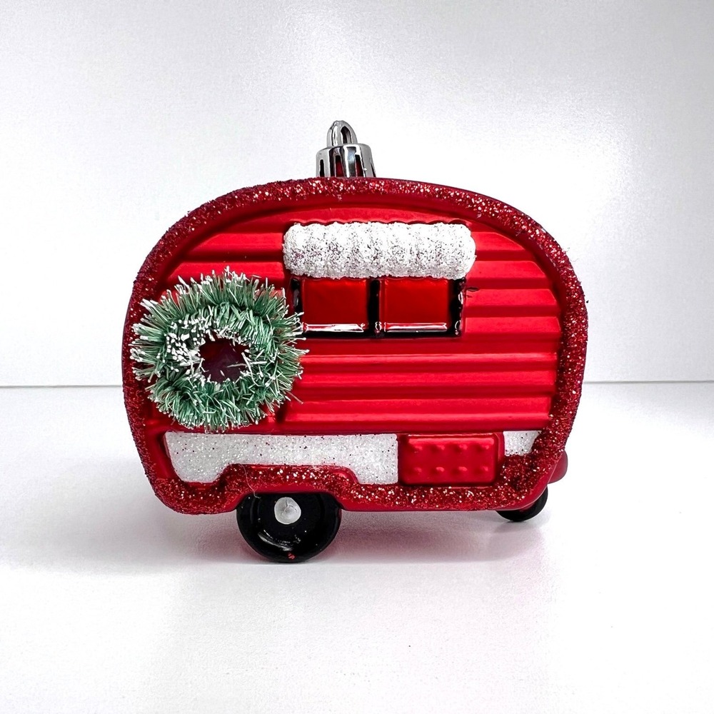 Camper Retro Red Christmas Ornament 4" Shatterproof Beach Travel Trailer RV